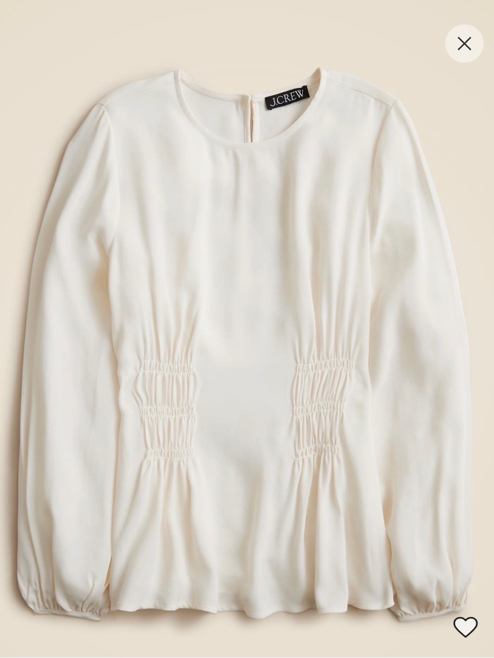 NWT- J. Crew Cream Long-Sleeve Smocked Waist Blouse- ONE FLAW (see photo)